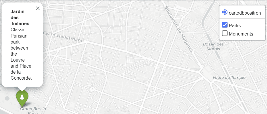 Layer toggling lets users show or hide “Monuments” and “Parks” on the map.